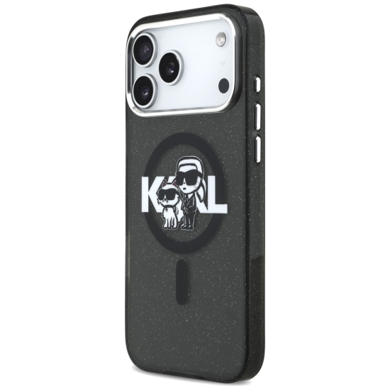 Karl Lagerfeld nakładka Magsafe IML glitter case metal camera frame and buttons Karl and Choupette sketch logo do iPhone 17 Pro Max transparentna