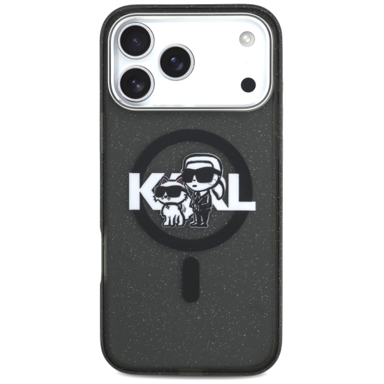 Karl Lagerfeld nakładka Magsafe IML glitter case metal camera frame and buttons Karl and Choupette sketch logo do iPhone 17 Pro Max transparentna