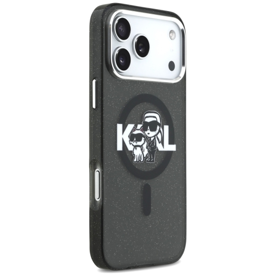 Karl Lagerfeld nakładka Magsafe IML glitter case metal camera frame and buttons Karl and Choupette sketch logo do iPhone 17 Pro Max transparentna