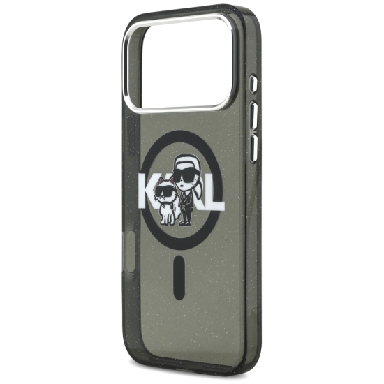 Karl Lagerfeld nakładka Magsafe IML glitter case metal camera frame and buttons Karl and Choupette sketch logo do iPhone 17 Pro Max transparentna