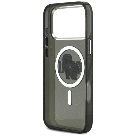 Karl Lagerfeld nakładka Magsafe IML glitter case metal camera frame and buttons Karl and Choupette sketch logo do iPhone 17 Pro Max transparentna