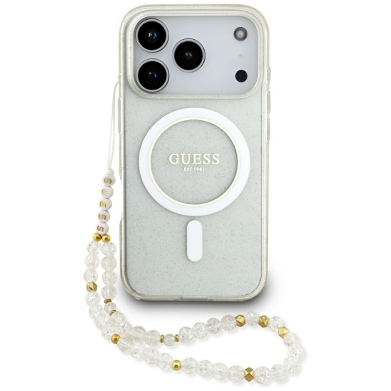 Guess nakładka IML Glitter Pearl Strap MagSafe do iPhone 17 Pro Max transparentna