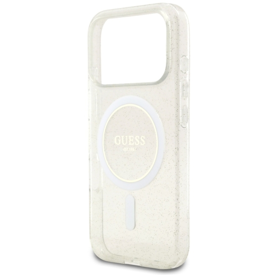Guess nakładka IML Glitter Pearl Strap MagSafe do iPhone 17 Pro Max transparentna